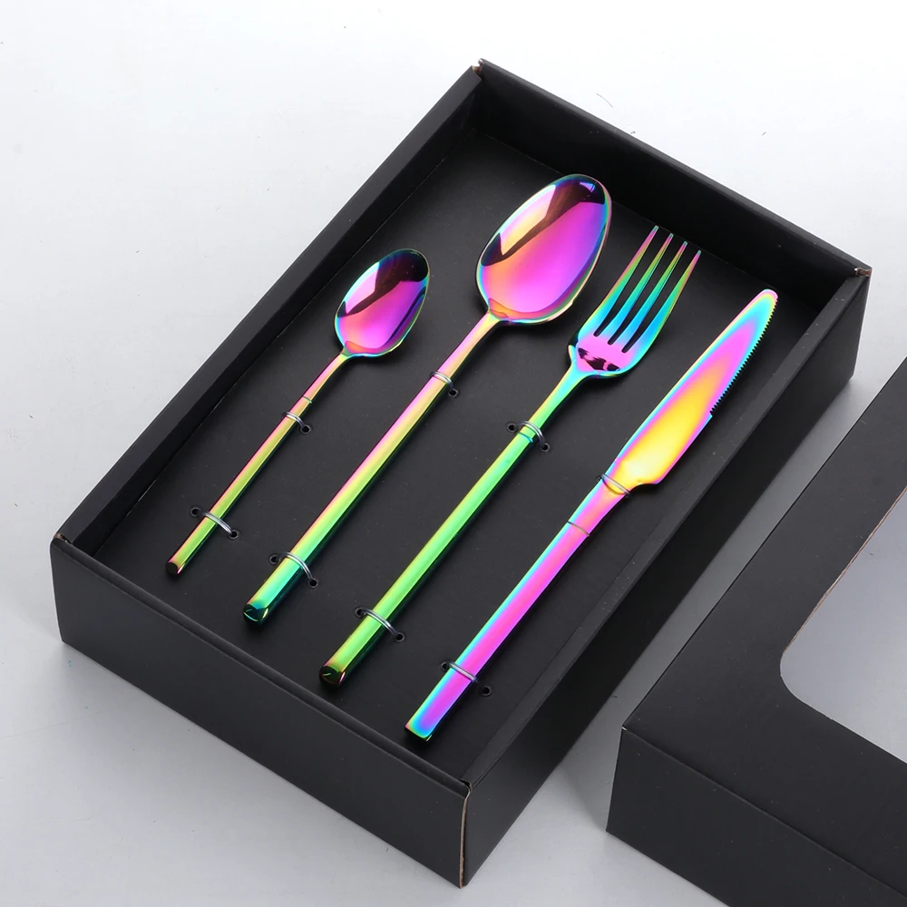 20pcs Dinnerware Set With Gift Box Luxury 18/10 Stainless Steel Cutlery Sets Gold Cutlery Rainbow Dinner Knife Spoon Fork set