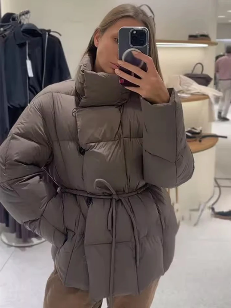 Winter Commute Street Outwears Women Solid Lace Up Cotton Coat Fashion Lapel Long Sleeve Warm Pocket Loose Short Coats New Lady