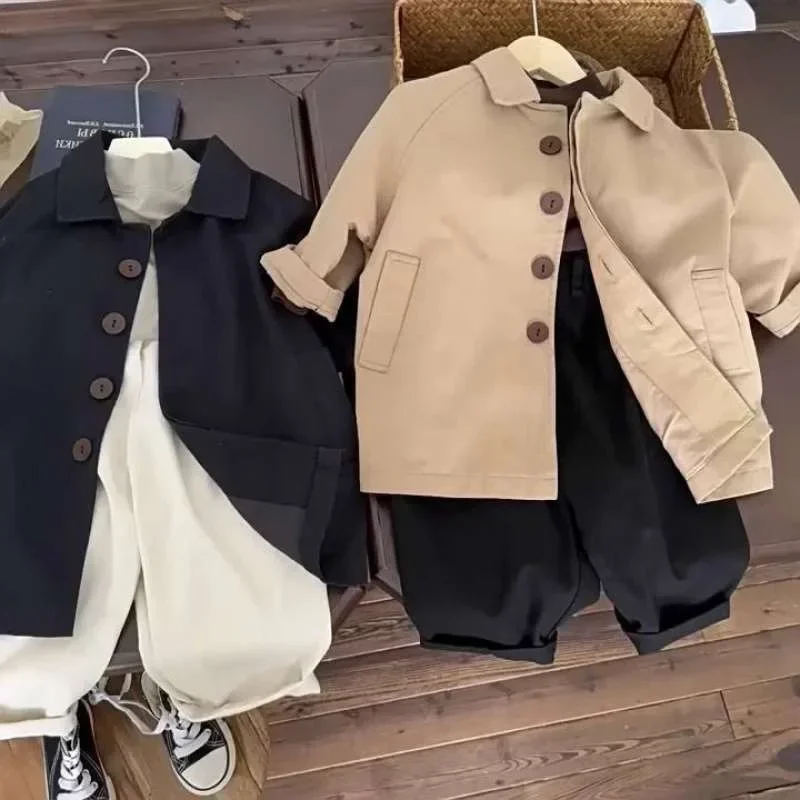 Korean Spring and Autumn Boys and Girls Children Trench Coat Baby Warm Children Personalized Japan Style Solid Casual Coat