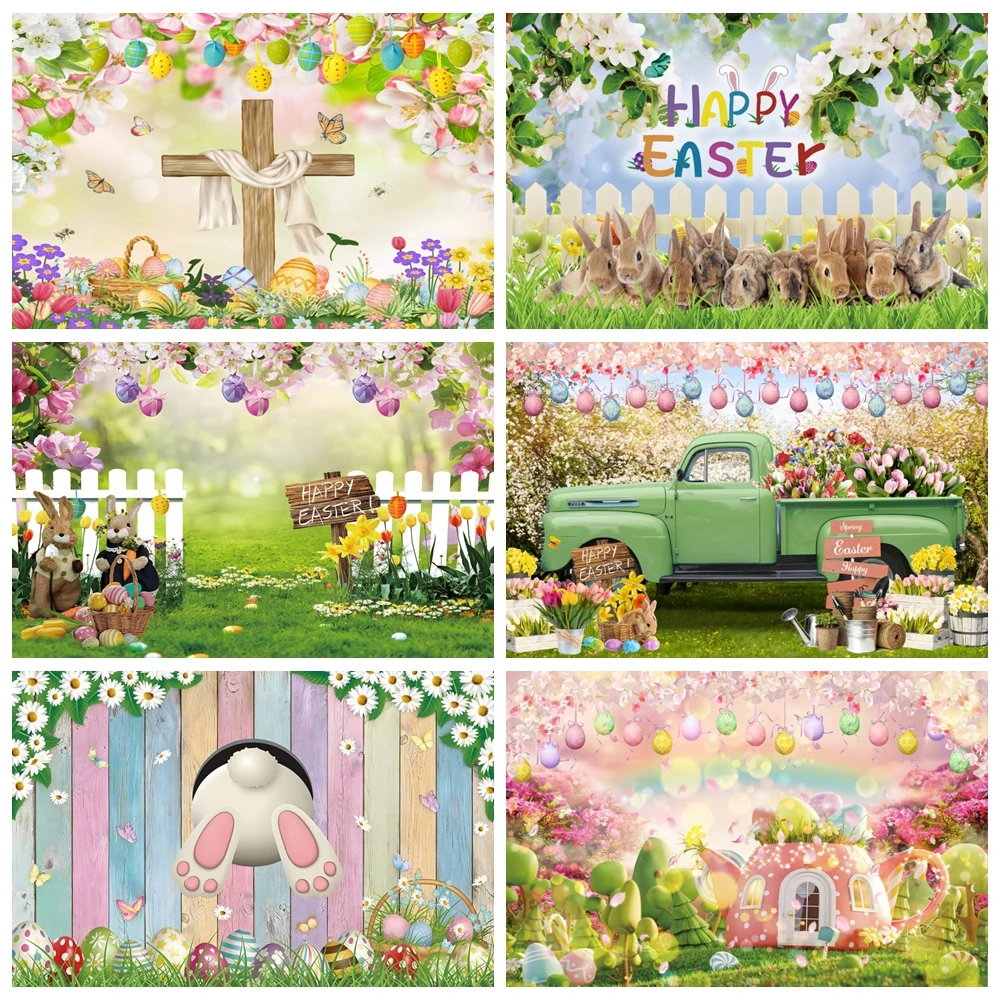 

Happy Easter Photography Backdrop Spring Rabbit Bunny Eggs Flower Wooden Cross Birthday Party Decor Baby Shower Photo Background