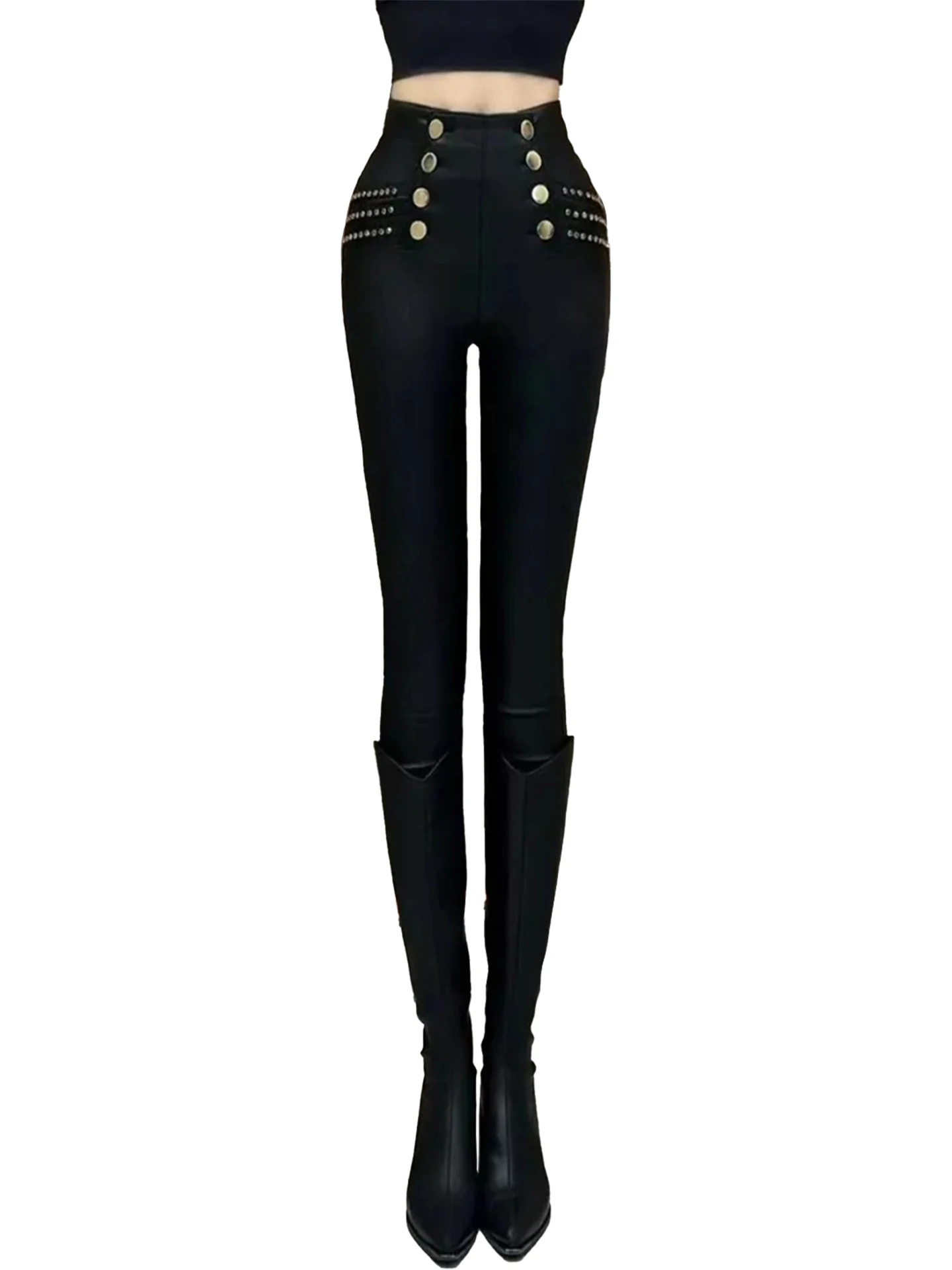 High Waist Double Button Warm Faionable Slim Fit Bootcut Leather Pants Pencil Pants Small Foot Pants Sli Slimming Boot ...