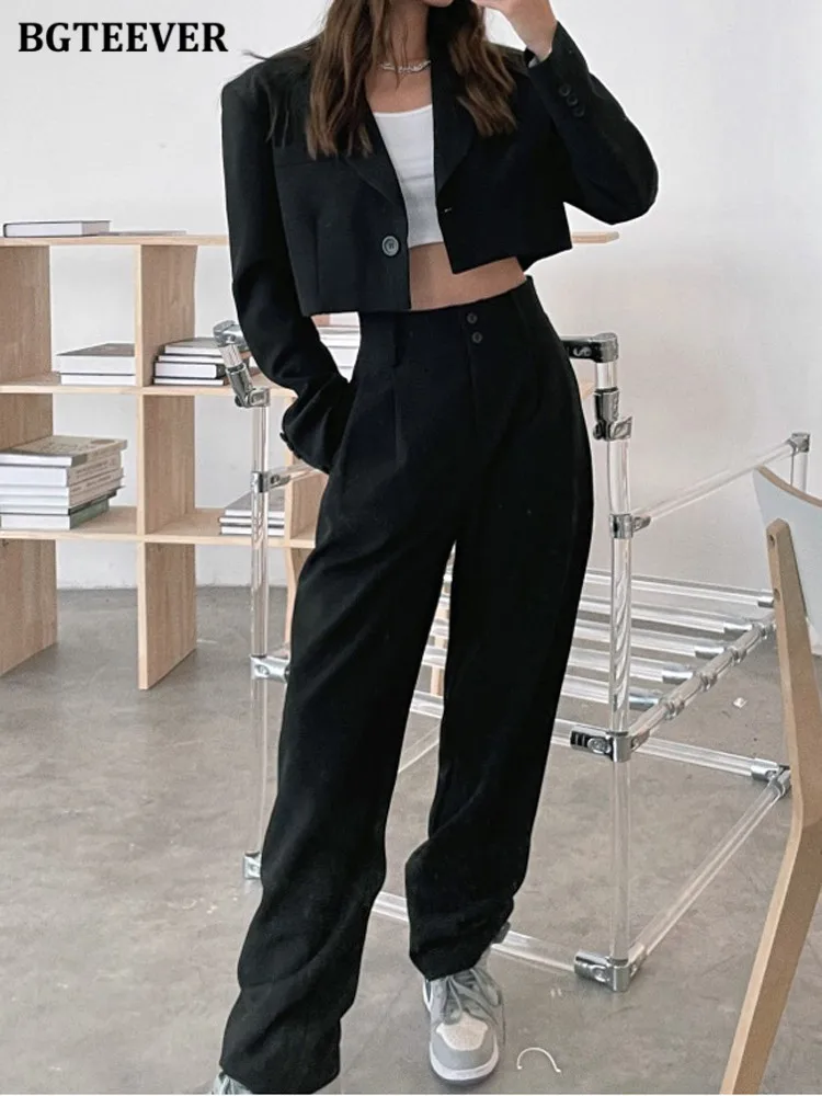 BGTEEVER Pantaloni larghi da donna alla moda 2 pezzi Set giacca a maniche lunghe con un bottone e pantaloni da tuta a gamba larga a vita alta Primavera Estate