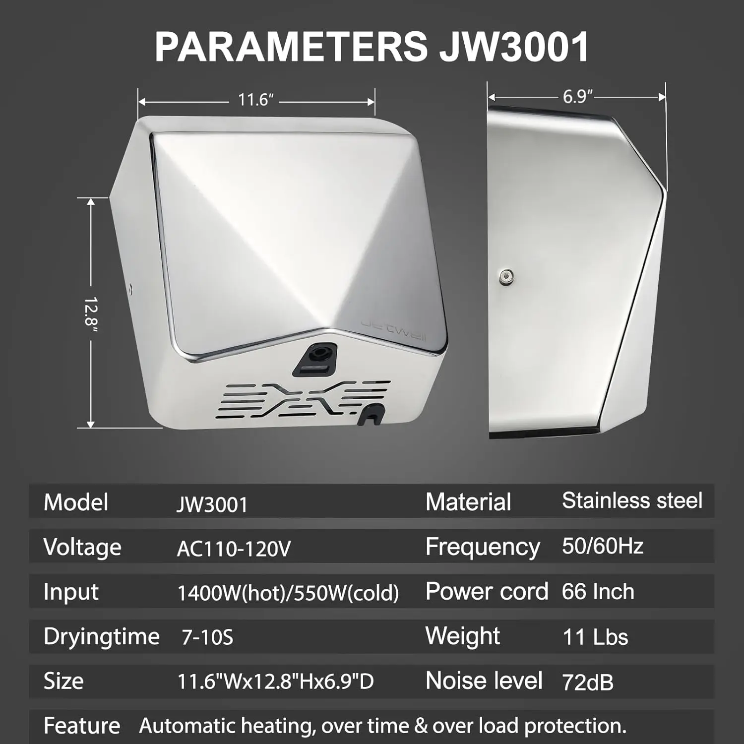 JETWELL Sleek Design Commercial Hand Dryer for Bathrooms, Steel High Speed Duty Automatic Hand Dryer with HEPA Filter, Warm Wind