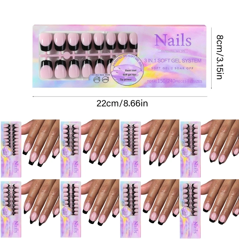 150 puntas uñas gel con punta francesa negra, forma ataúd corto, prensa en uñas cortas para mujeres, uñas postizas, 15