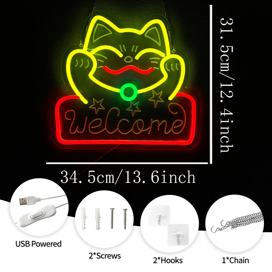 Welcome Cat Neon Sign, USB Powered LED Wall Light for Store Shop Bar Restaurant Entrance Christmas Birthday Commercial Decor