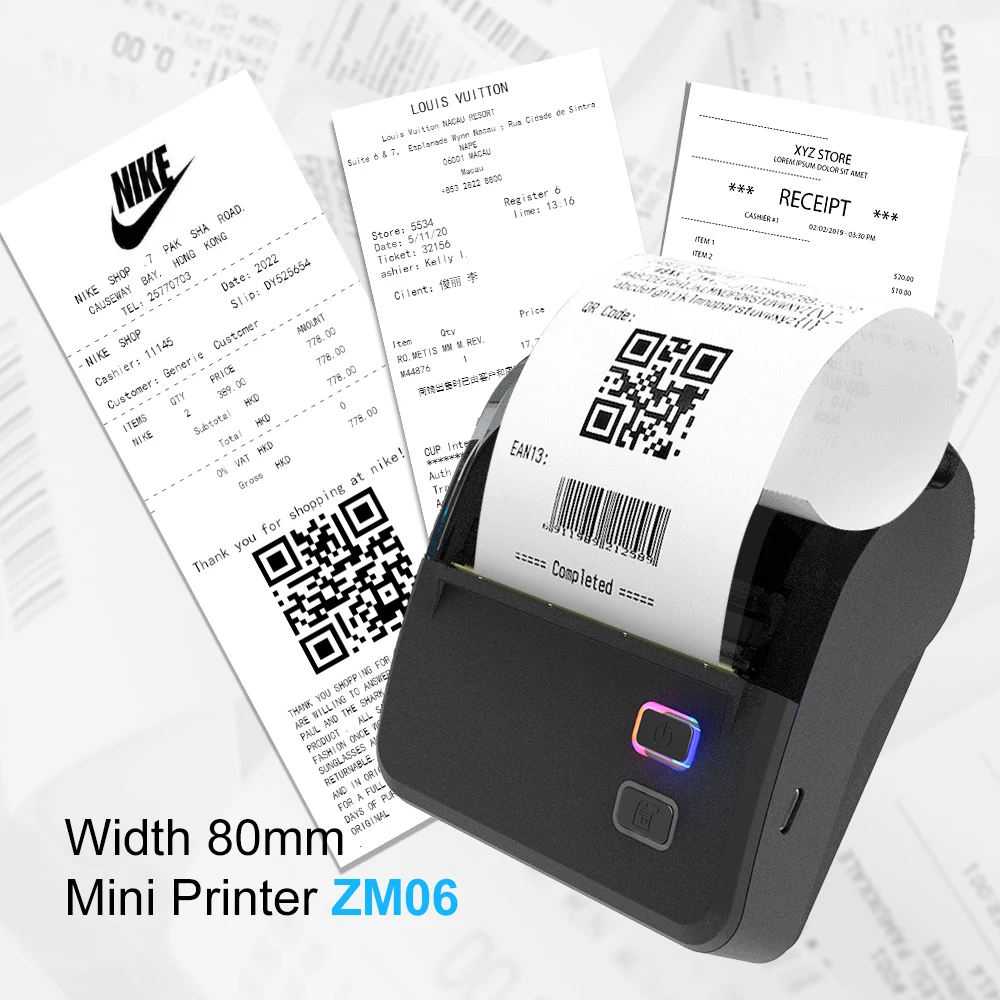 Zywell new portable mini inkless 80mm thermal receipt printer ZM06 3inch bluetooth bill printer