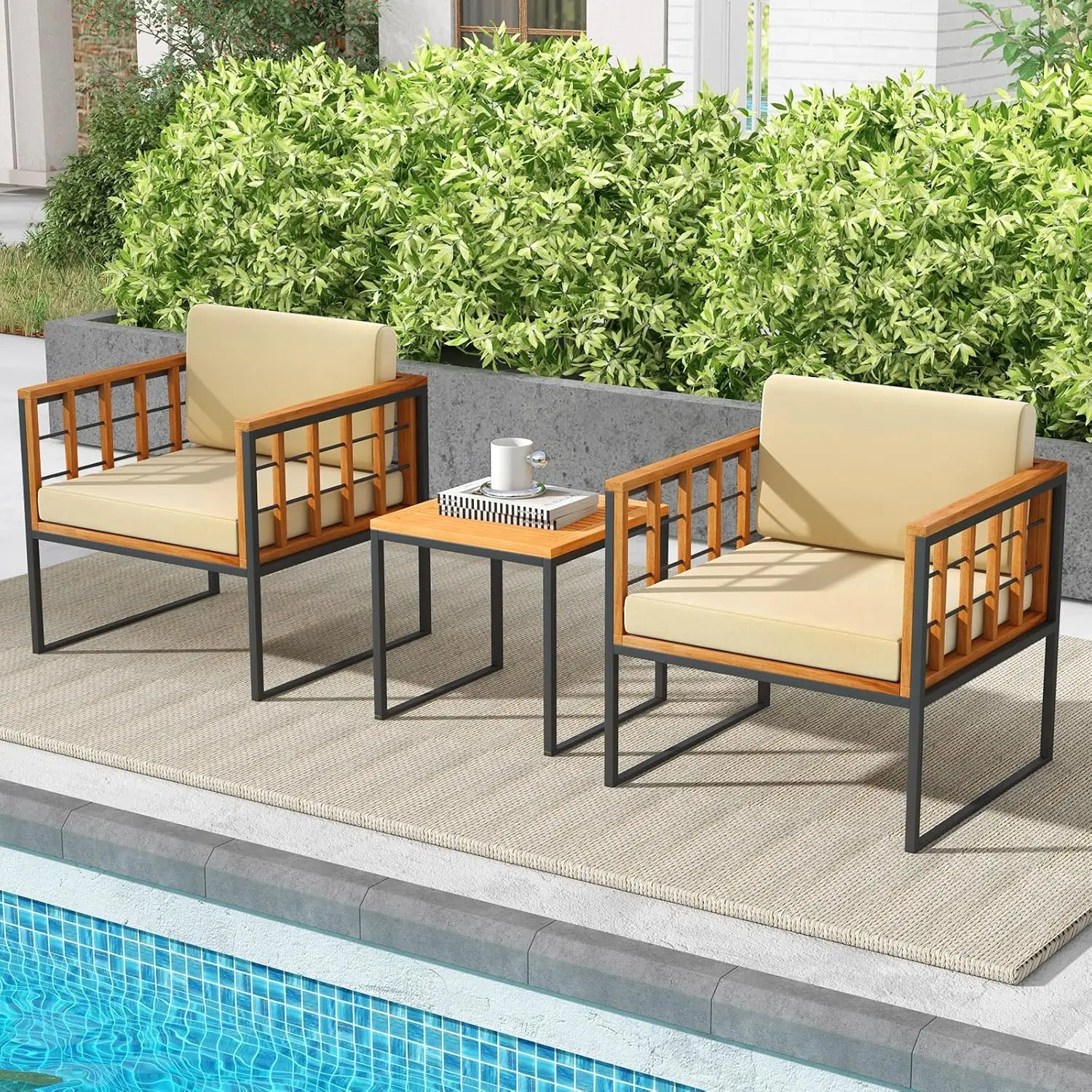 

Patio Acacia Wood Outdoor Sofa Set with Metal Support, Soft Seat & Back Cushions Included for Balcony, Porch, Backyard