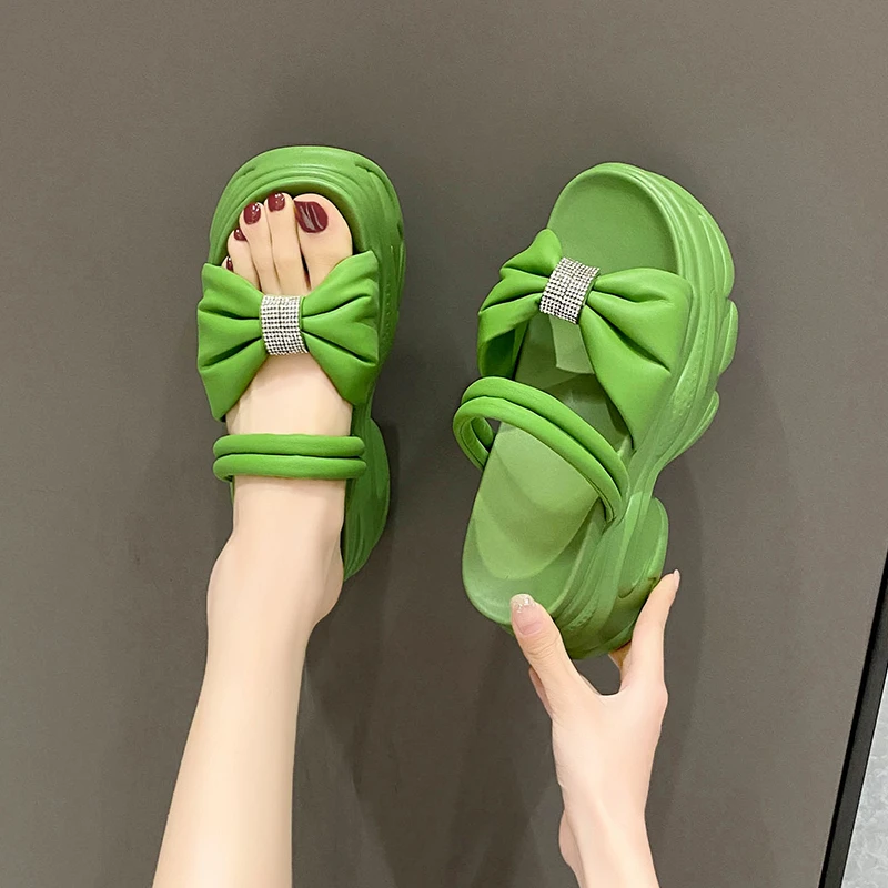 LazySea 9cm High Wedge Heels Slides Women Sandals Crystal Butterfly Knot Two Ways to Wearng Women Platform Slippers Outside Shoe