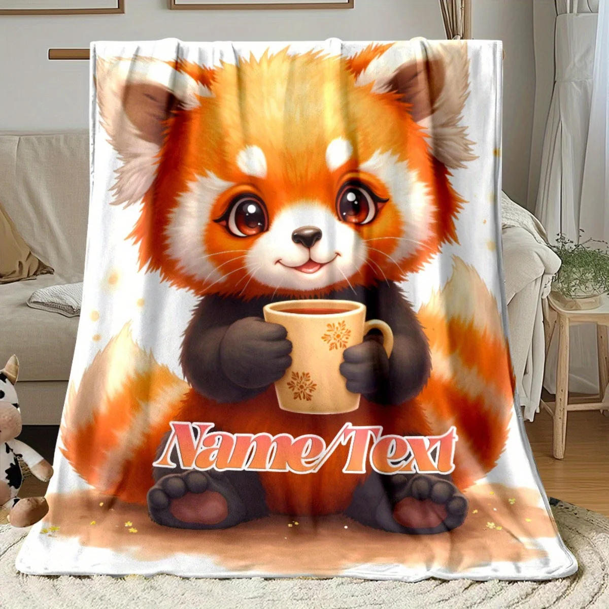 Personalized Custom Name Red Panda & Cup Pattern HD Print Blanket Soft Flannel Throw for Travel Living Room Office Couch Bed