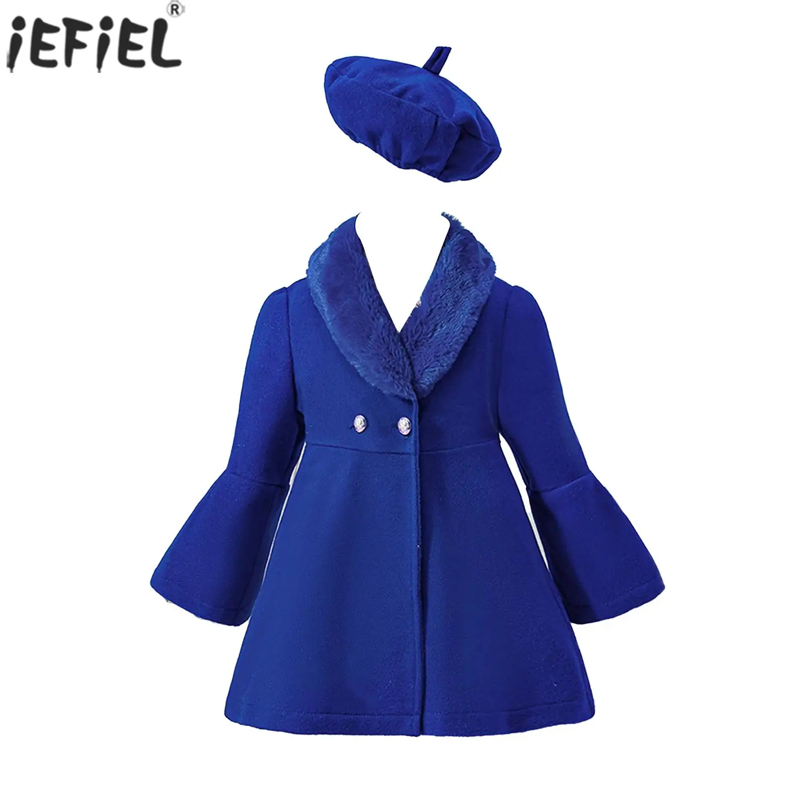 Kids Girls Winter Warm Woolen Blend Overcoat Toddler Furry Collar Long Flare Sleeve Coat Birthday Party Outerwear with Beret Hat