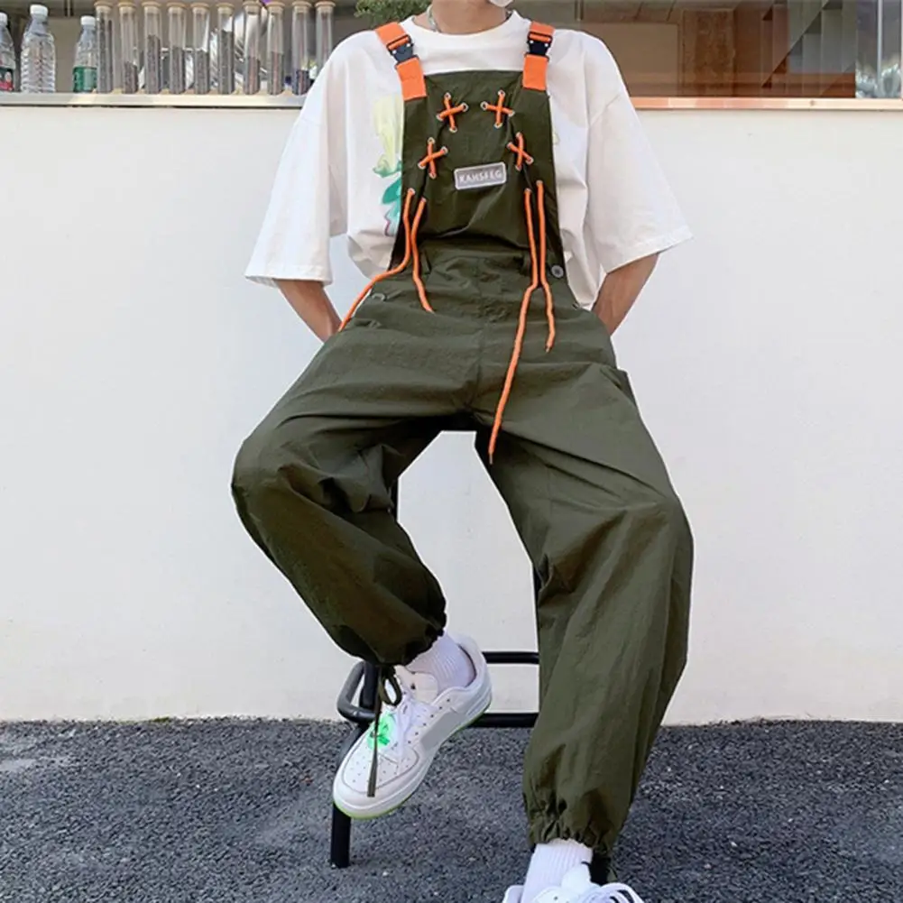 Men Jumpsuit Vintage Loose Suspenders Pocket Solid Color Dress-up Drawstring Sleeveless Hip Hop Men Pants Male Casual Overalls