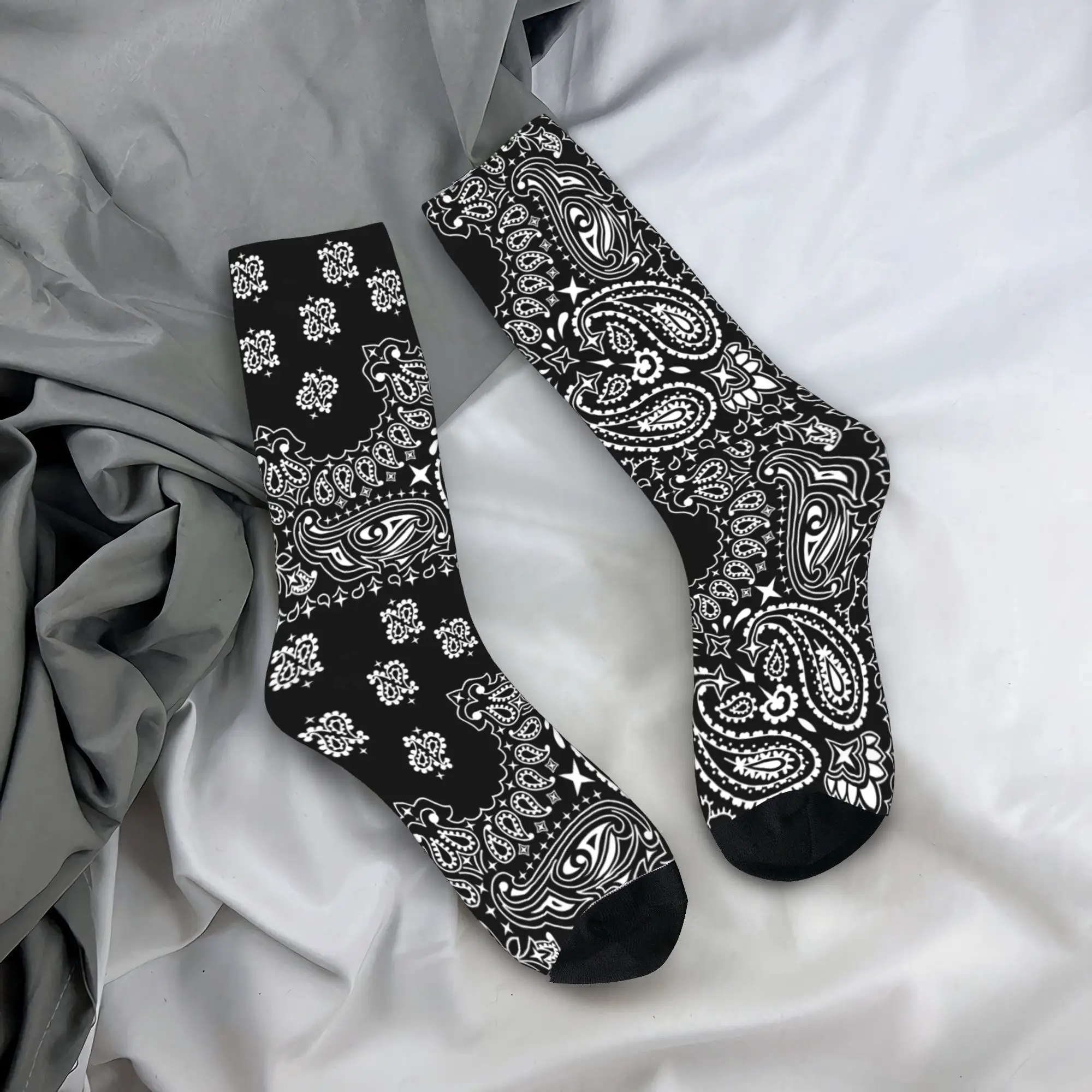 Мужские черно-белые носки с узором пейсли на заказ, модные классические носки унисекс с 3D принтом в стиле бохо, богемные носки с цветочной текстурой