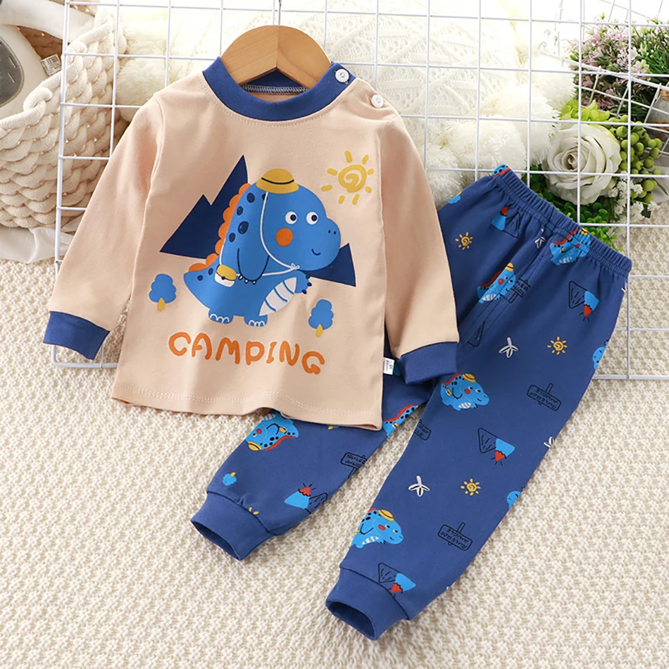 Spring Autumn Kids Pajamas Set Unisex Children Dino Bear Animal Cartoon Sleepwear Boys and Girls Homewear Casual Clothing 1-10Y