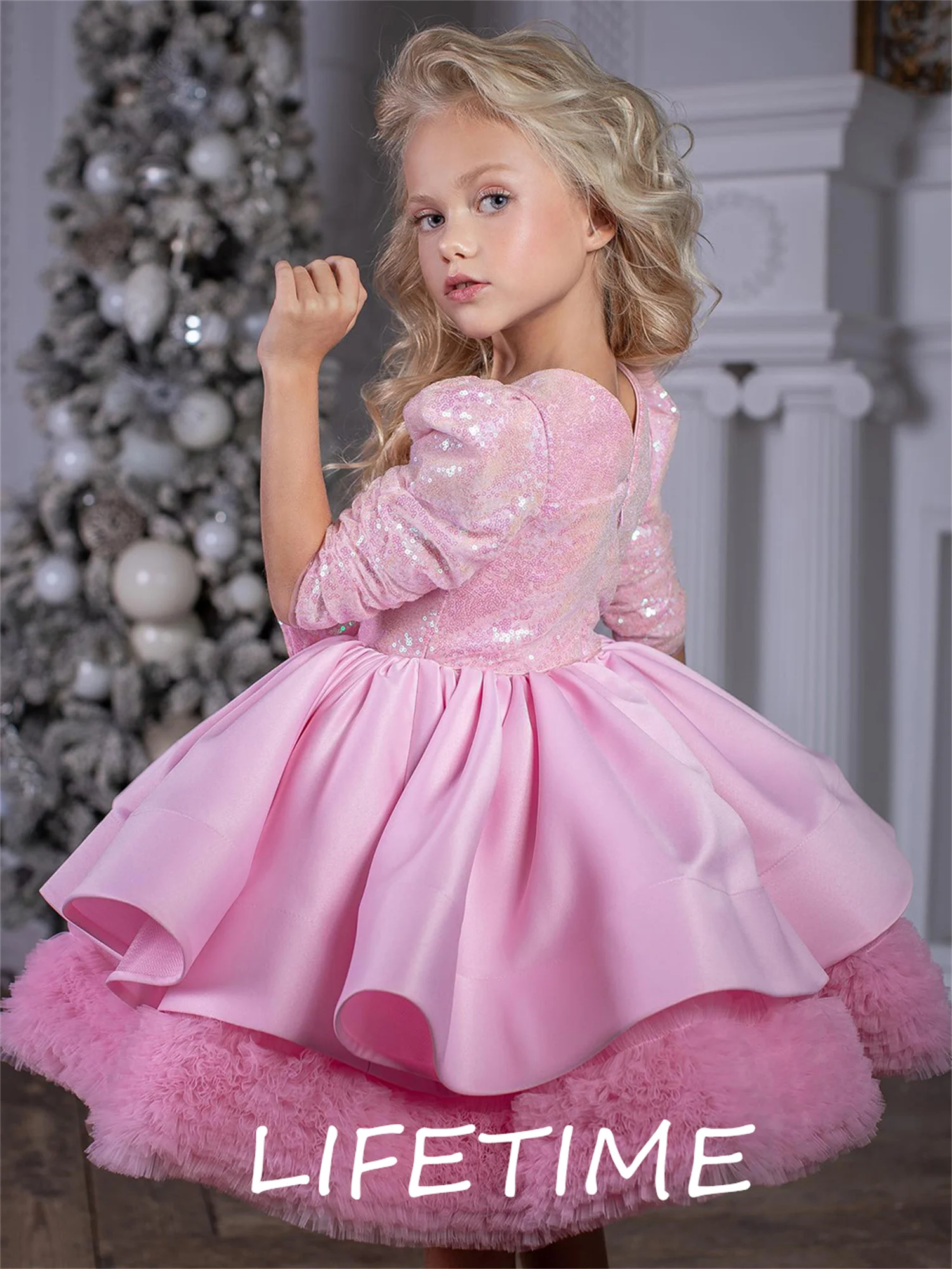 Hot Pink Sequin Flower Girl Dress Square Neck Birthday Dress Half Sleeves Cute Baby Girl Dress Princess Dress First Communion