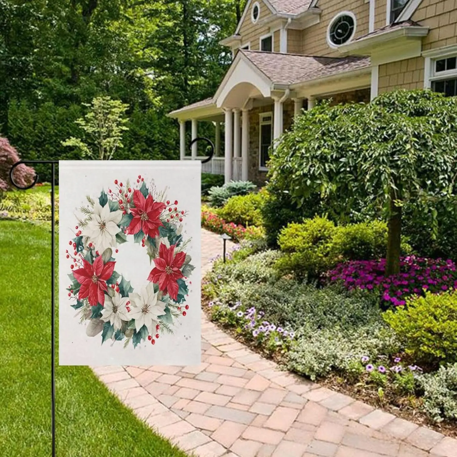 SUABO Garden Flag 12x18inch Christmas Wreath with Poinsettias Garden Flags Yard Porch House Flag Double Side for Home Outdoo yyi