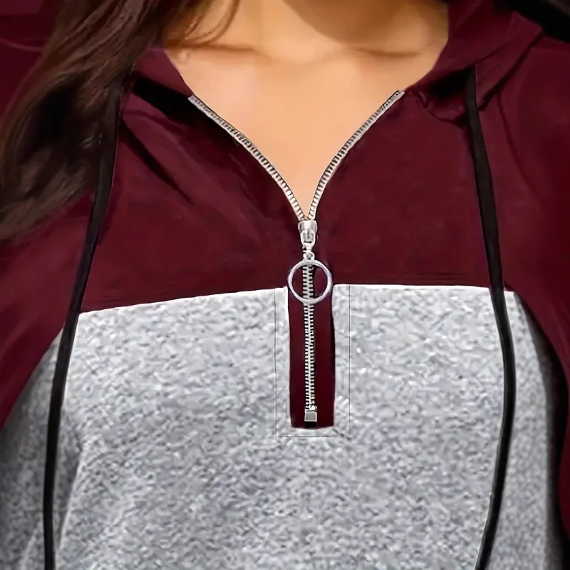 Women's European and American Style Winter New Style Versatile Casual Loose Color Block Drawstring Zip Hooded Sweatshirt