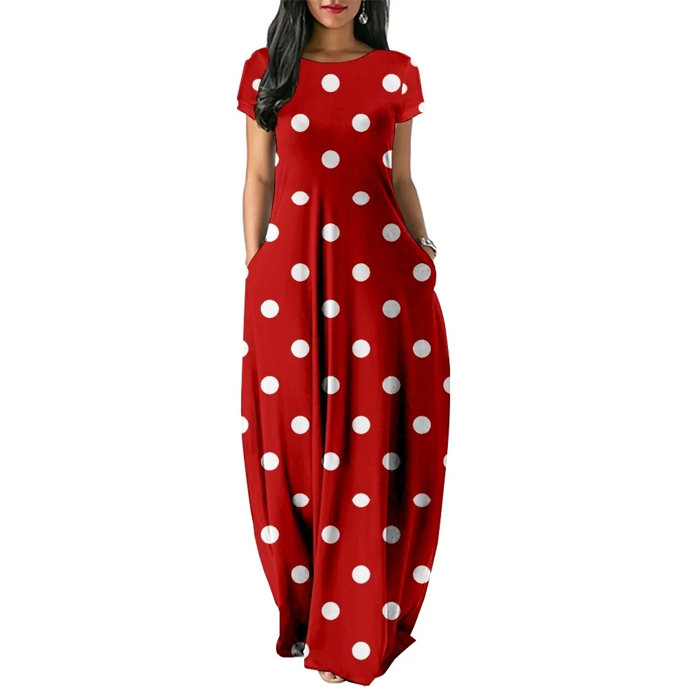 

Polka dots Print Women Casual Short Sleeve Dress Loose Long Double Pocket Beach Vacation DressWoman Dress