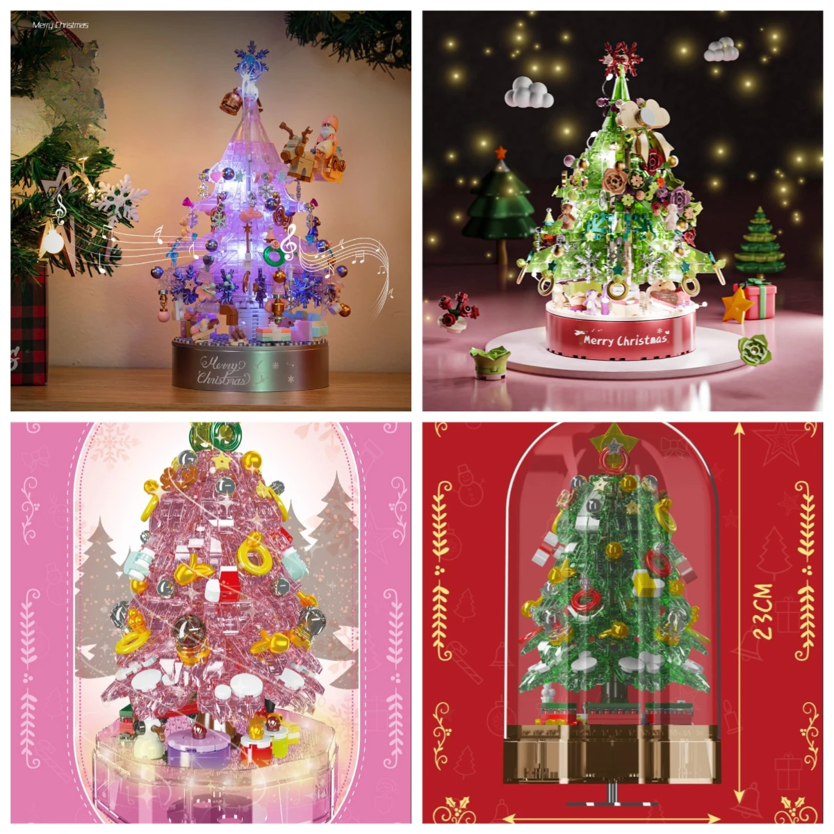 

MOC Pink Green Crystal Christmas Tree Music Box Building Blocks Set Winter Wish Festival DIY Toys For Children Holiday Xmas Gift