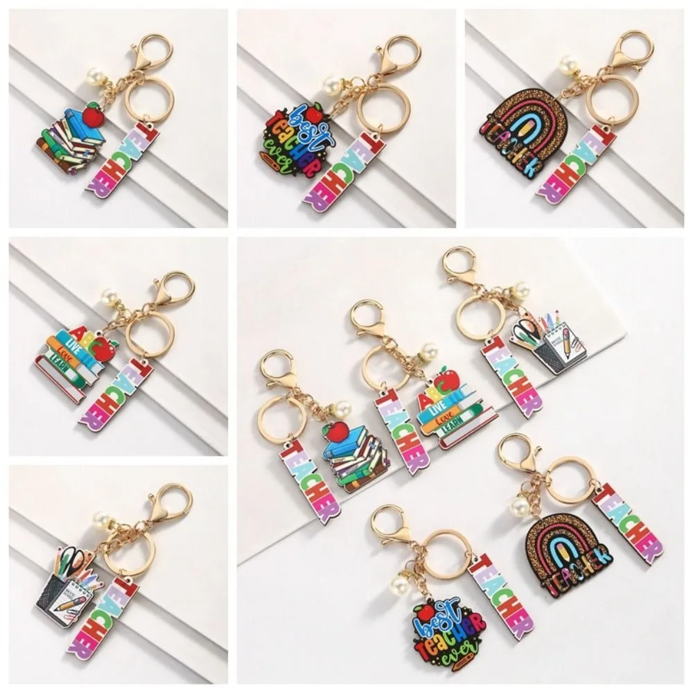 خشبية المعلم يوم المفاتيح الإنجليزية رسالة سحر النص المفاتيح قلادة قوس قزح الملونة حامل قلم حلقة رئيسية هدية عيد المعلم