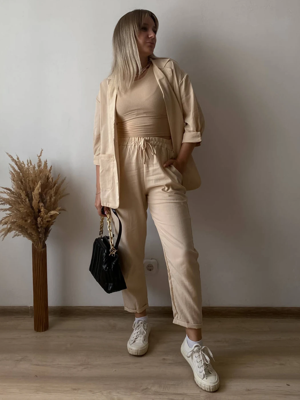 Moda na lato z lnu i bawełny w stylu Casual garnitur z klapkami Top z długim rękawem + dwuczęściowy zestaw dla kobiet wiosenny szykowny zestaw spodnie z elastycznym paskiem