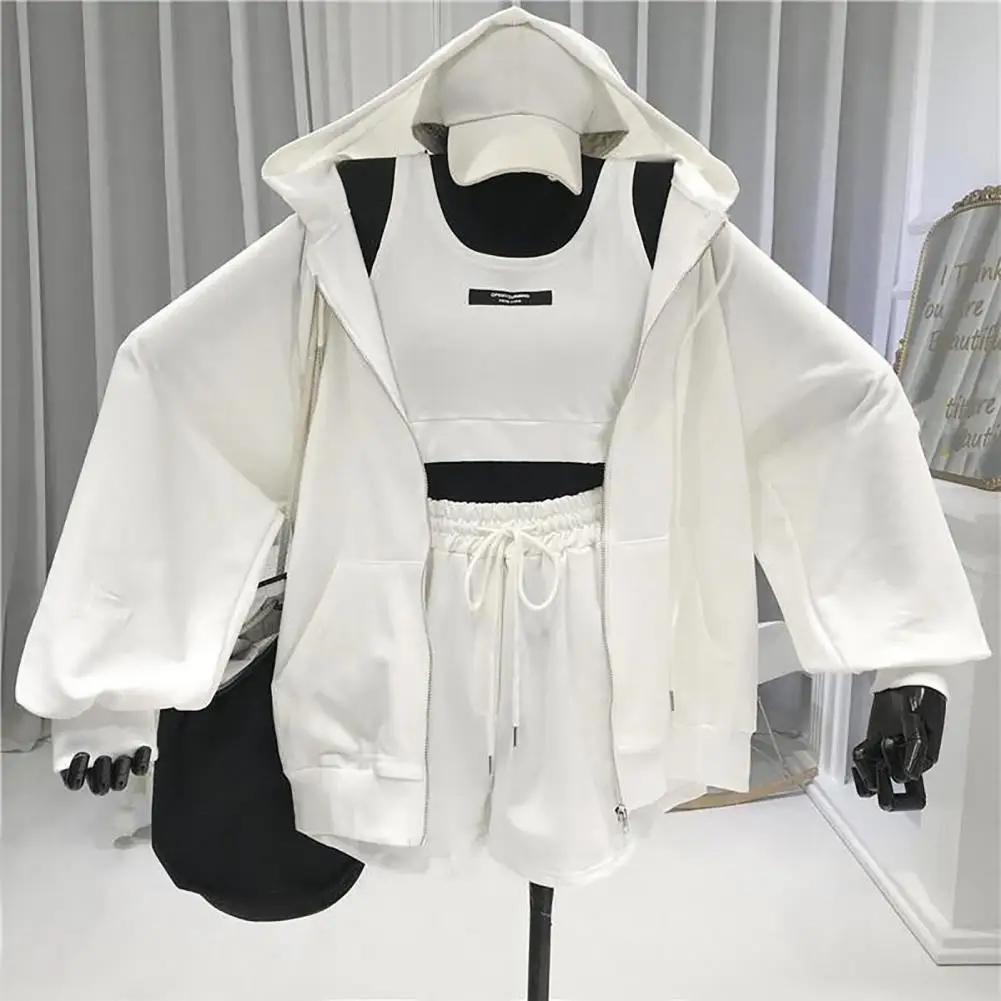 Women Coat Super Soft Sports Jacket Polyester Keep Warm  Simple Three Pieces Drawstring Shorts Vest Thin Coat Set