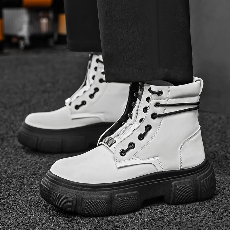 Euro-American Style Men Motorcycle Boot Designer Zip White Tooling Boots Men Platform Boots Outdoor Men's High-top Trendy Shoes