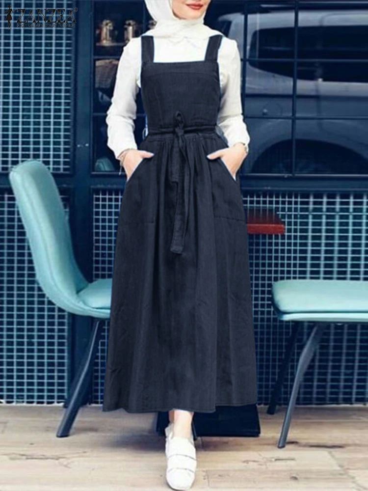 2025 ZANZEA Muslim Dress Women Sleeveless Overall Dress Fashion Suspender Sundress Solid Denim Blue Vestidos Turkey Abaya Kaftan