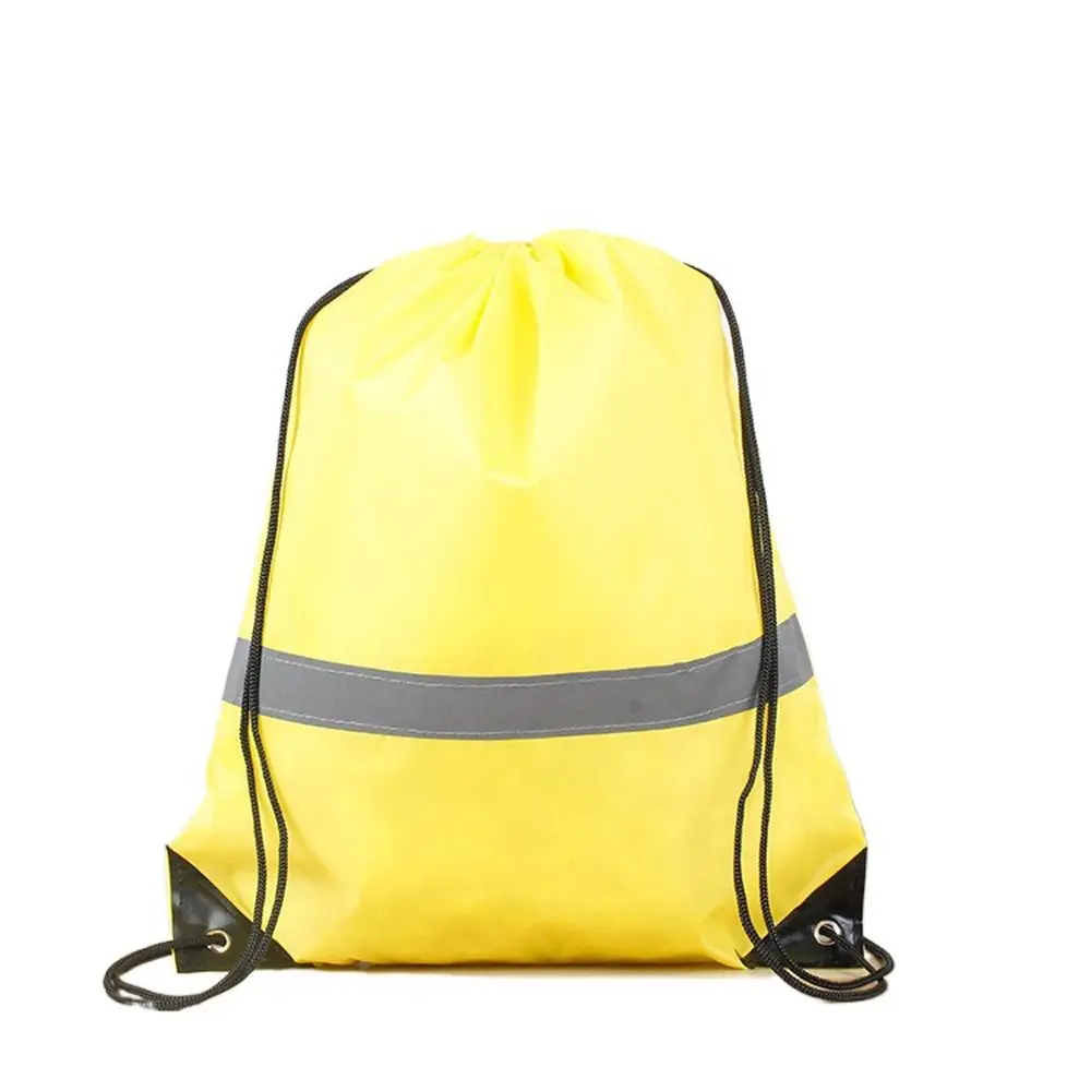 Reflective Stripe Drawstring Gym Backpack 210D Polyester Solid Color Nylon Sports Shoulder Bag Foldable All-Match