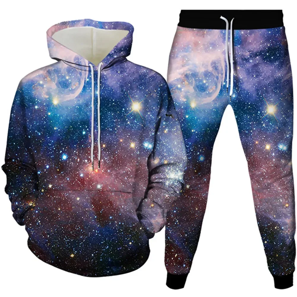 Universe Galaxy Planet Moon Black Hole Earth Harajuku Costume 2 Piece Clothes For Men Hoodies Jogging Pants Sets Plus Size S-6XL