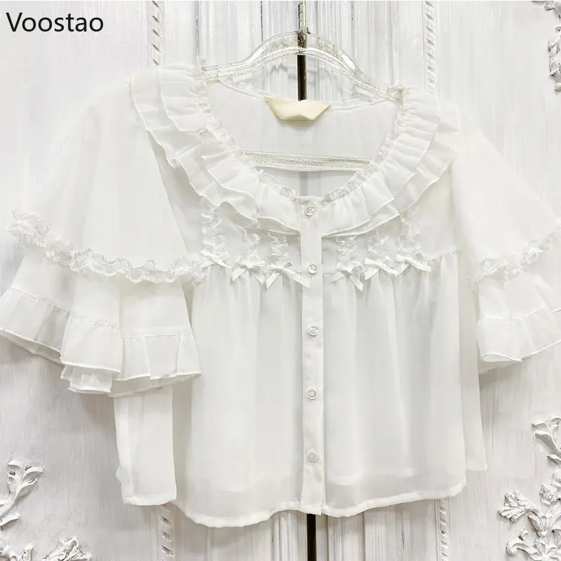 Summer Vintage Kawaii LolitaPrincess Blouses Women Japan Style Bow Lace Ruffles O-Neck Short Shirts Girl Chiffon Jsk Inside Tops