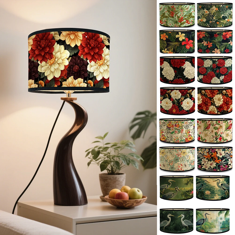Nordic Drum Table Floor Lamps LampShades Vintage Bamboo Lamp Cover Floral Birds Pattern  Pendant Light Cafe Home Homestay Decor