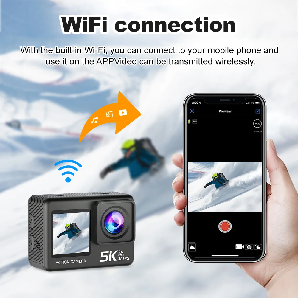 كاميرا الحركة 5K 30FPS 4K 60FPS EIS WiFi شاشة مزدوجة 170D 2.0 بوصة تعمل باللمس 30M كاميرا رياضية مقاومة للماء مع جهاز تحكم عن بعد