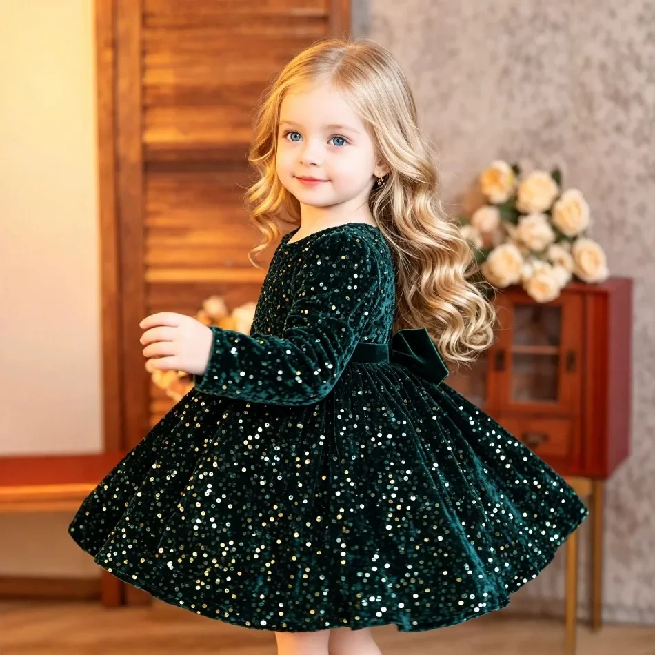 Girls Green Sequin Velvet Princess Dress Long Sleeve Big Bow Back Tutu Gown Kids Christmas Birthday Banquet Party Dress ZD36