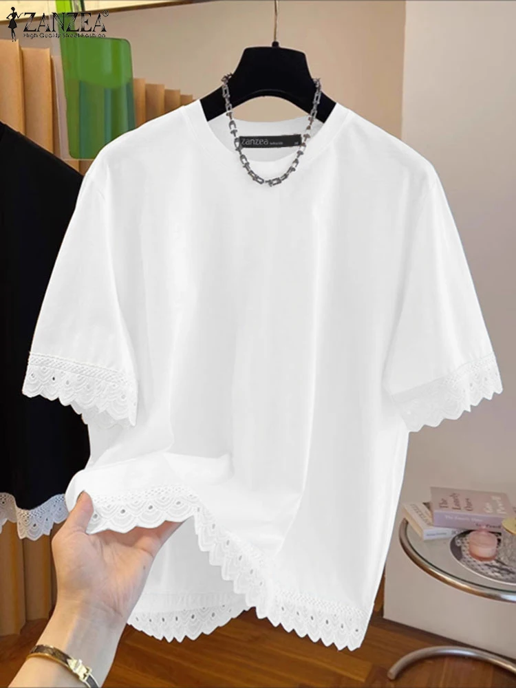 

ZANZEA Women Blouses Trend 2025 Summer Lace Patchwork Shirts Elegant Short Sleeve Work Blusas Casual O Neck Loose Tops Tunic