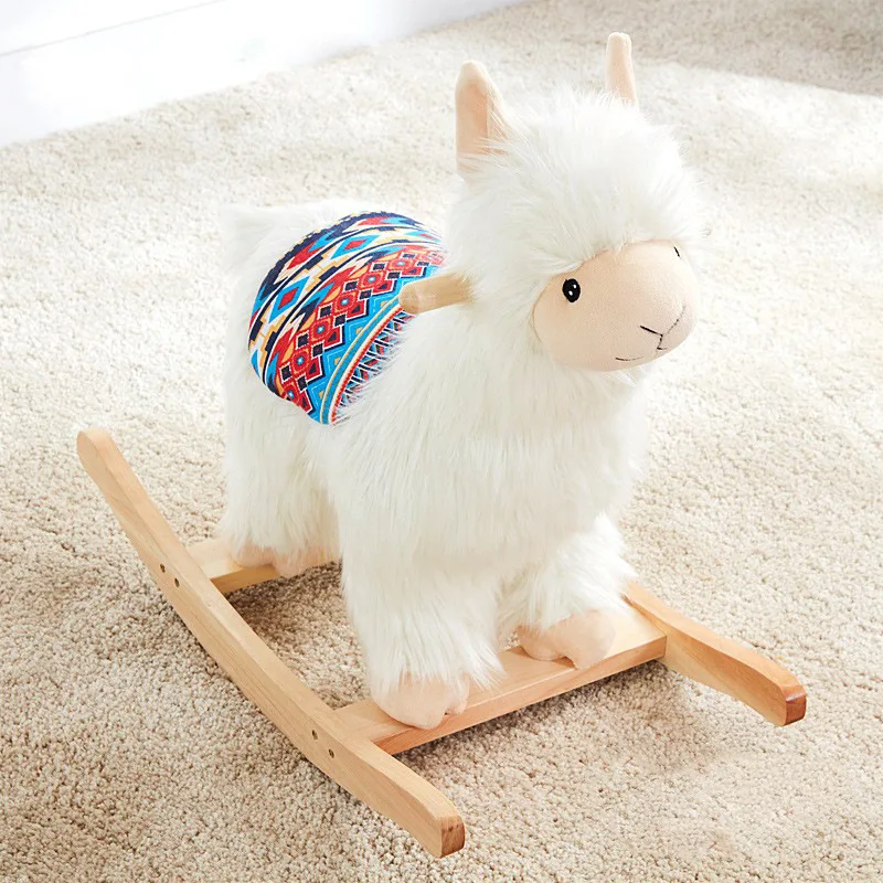 Korean INS children\'s rocking horse baby\'s first year toy gift alpaca rocking horse wooden horse adults can sit