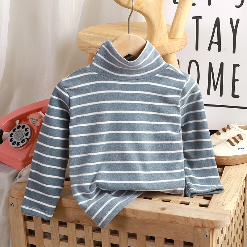 

New 2025 Kids Autumn Winter Warm Long Sleeve Turtleneck Striped T-shirt Tops Baby Boys Girls Casual Undershirts Bottoming Shirt