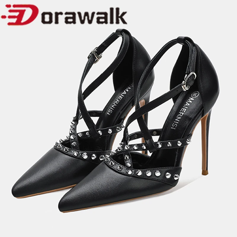 

Черные матовые офисные женские туфли-лодочки из натуральной кожи с заклепками и перекрестной завязкой на очень высоком каблуке с острым носком, модельные рабочие туфли для женщин