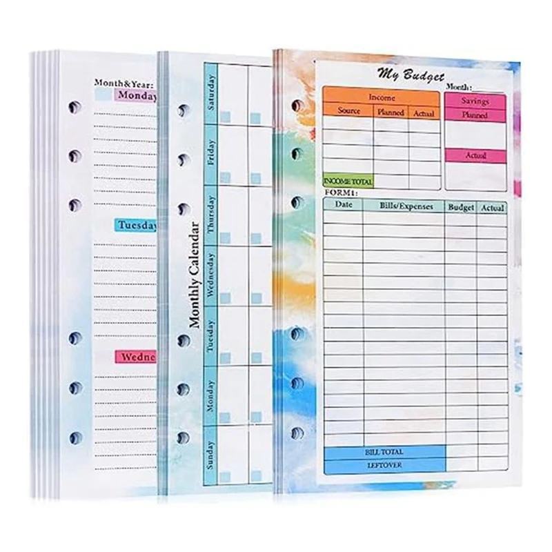 Planejador Budget com Binder Cover, Folhas de Recarga A6, Planejador Mensal e Semanal, Bloco de Notas com 6 Furos, Economize, 82 Folhas