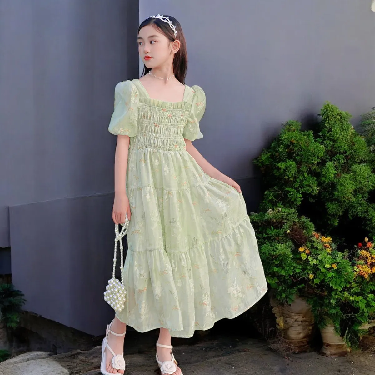 Girls Princess Dresses Baby Kids Flower Tutu Dresses Short Sleeve Green Prom Outfits Summer Children Costumes 4 6 8 10 12 Years