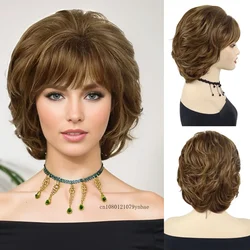 Natural Synthetic Hair Short Curly Brown Wigs for Women Mommy Wig with Bangs Daily Costume Party Use High Temperature Fiber