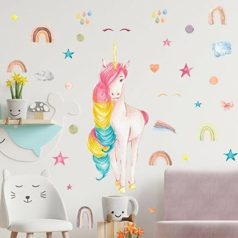 Hand Drawn Colorful Unicorn Wall Stickers For Bedroom Home Kids Room Decal