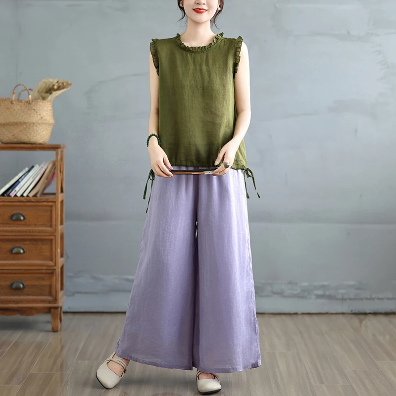 

Large Size Cotton Linen Wide Leg Two Piece Set Women's Summer Thin Breathable High End Feeling Casual Fashion Ensemble