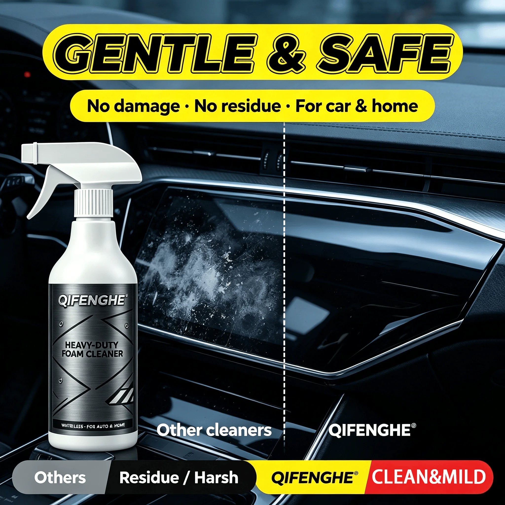 Limpiador de Espuma QIFENGHE – Sin Enjuague, Sin Residuos, para Interiores de Coche y Hogar, con Esponja, 250ml
