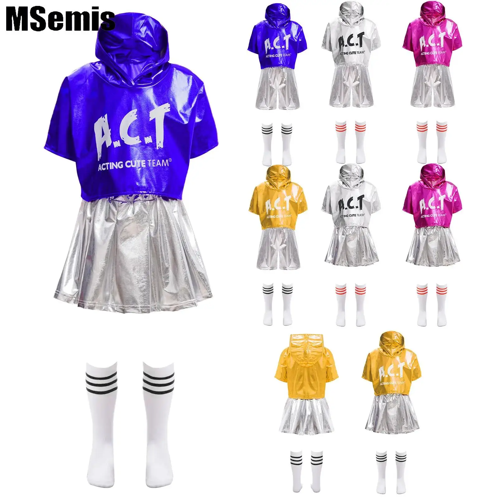 

Kids Girls Boys Hip-Hop Jazz Sets Cheerleading Letter Print Metallic Hooded Tops with Pleated Skirt/Shorts And Socks