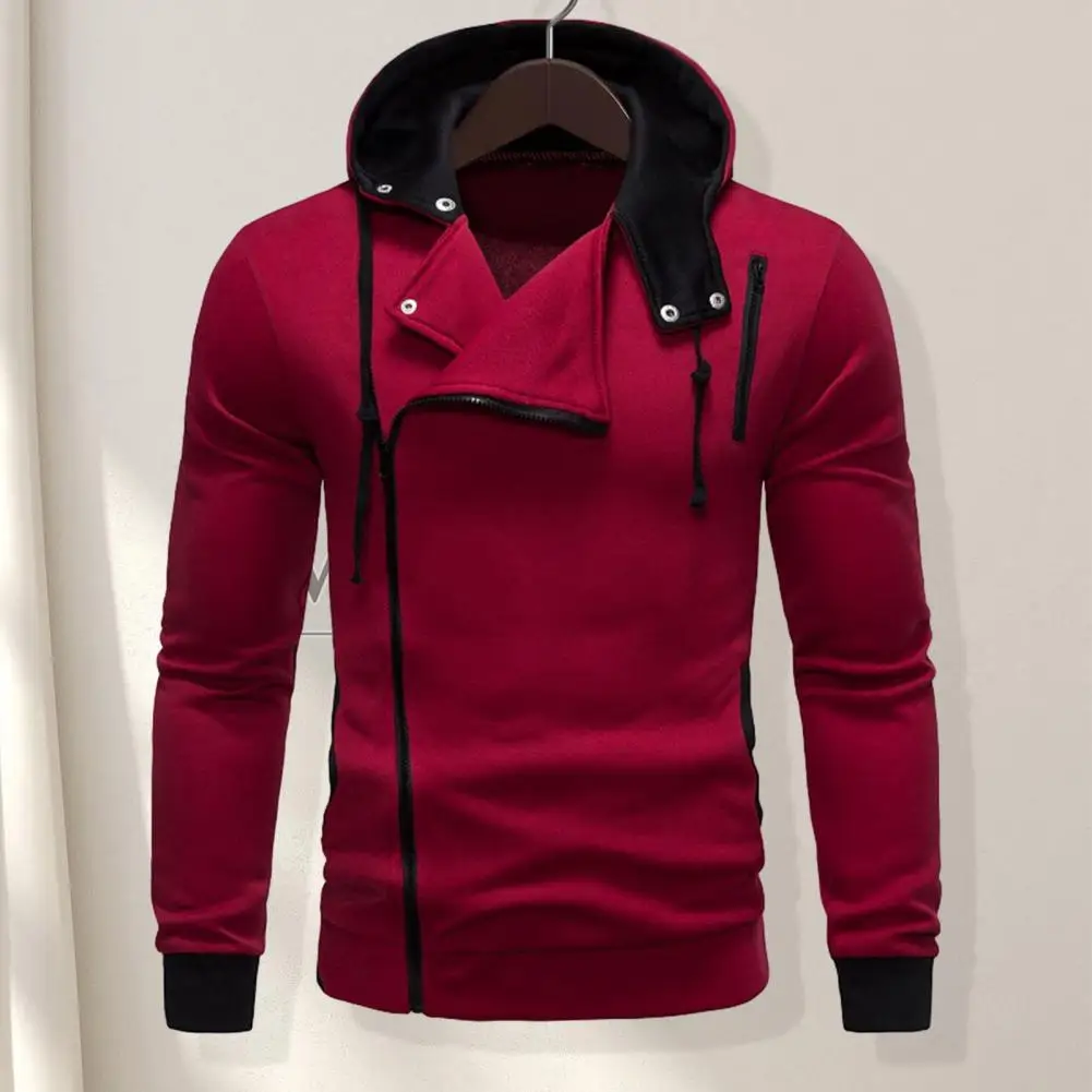 

Men Hoodie Oblique Zipper Long Sleeve Hooded Top Contrast Color Elastic Cuff Drawstring Asymmetric Sweatshirt Soft Men Top