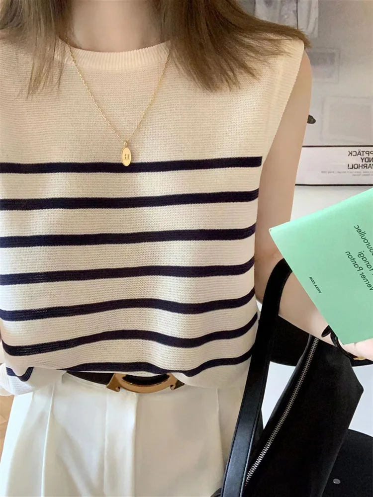 

Ele Stripe Svel Ice Silk Knitted Top Women's Summer Thin Faionable Anti-Aging oulder Vest Outerwear irt