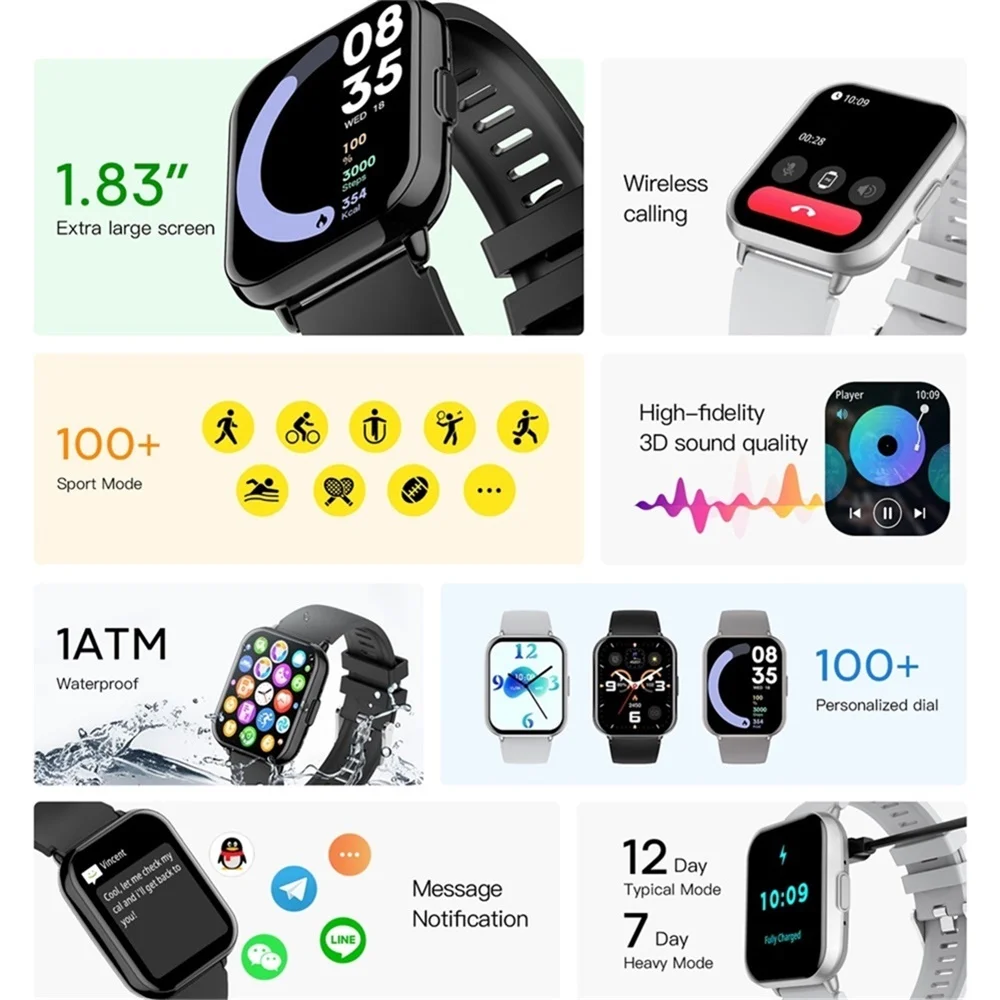 

Смарт-часы с Bluetooth-вызовами, водонепроницаемые (1ATM), для спорта и фитнеса, с функцией напоминаний, музыкальные, с погодой и часами