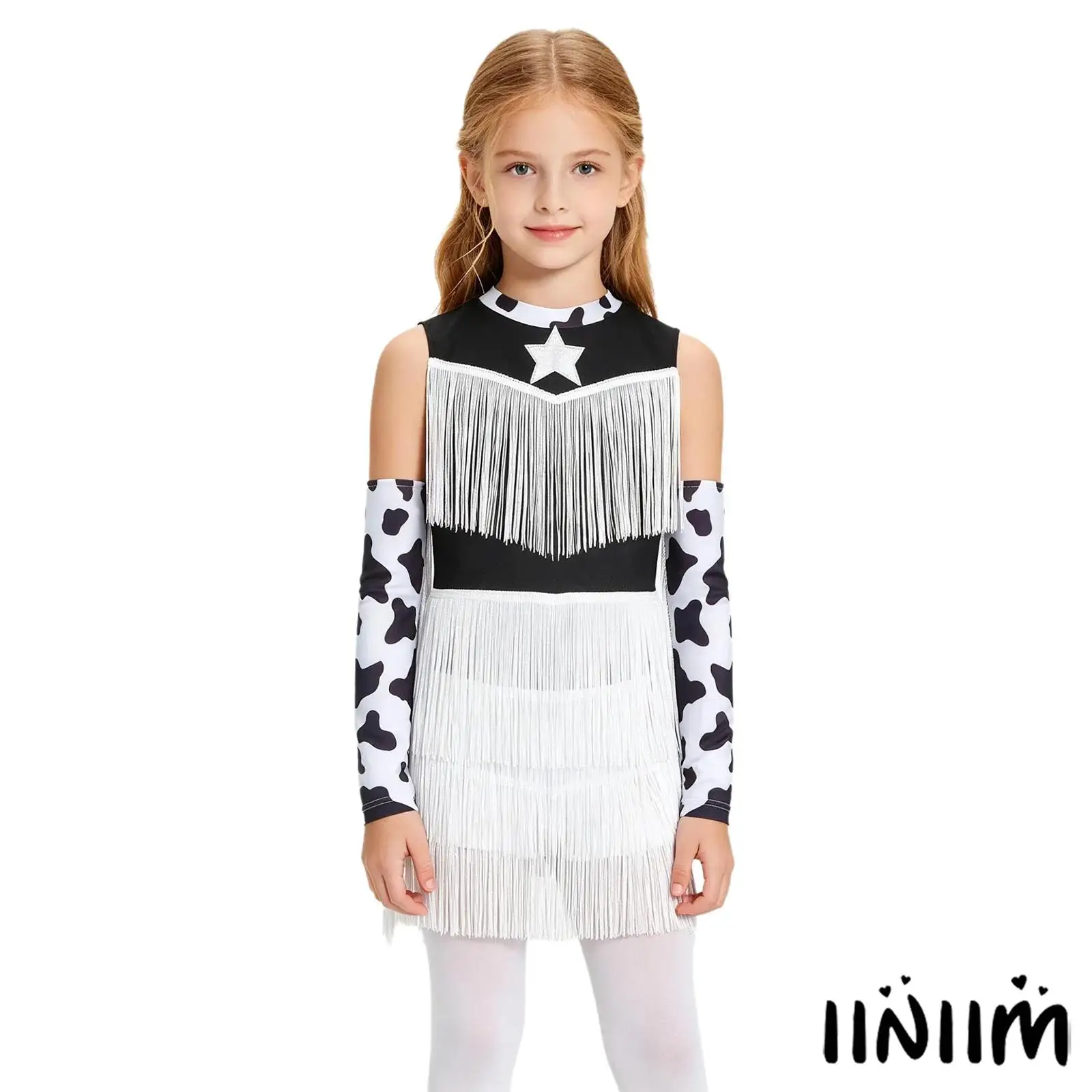 

Kids Girls Cowgirl Costume 2 Pieces Latin Dance Outfit Printed Sleeveless Layered Tassel Dance Jumpsuit with Fringed Gloves Set