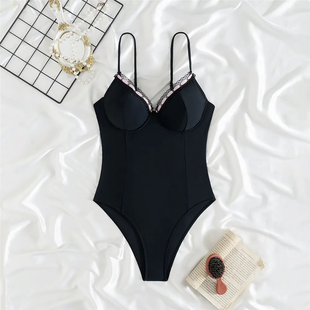 

Милый однотонный купальник с кружевным краем и пуш-ап, сексуальный купальник, женский цельный купальник 2025 года, купальный костюм с контролем живота, пляжная одежда, монокини, бикини