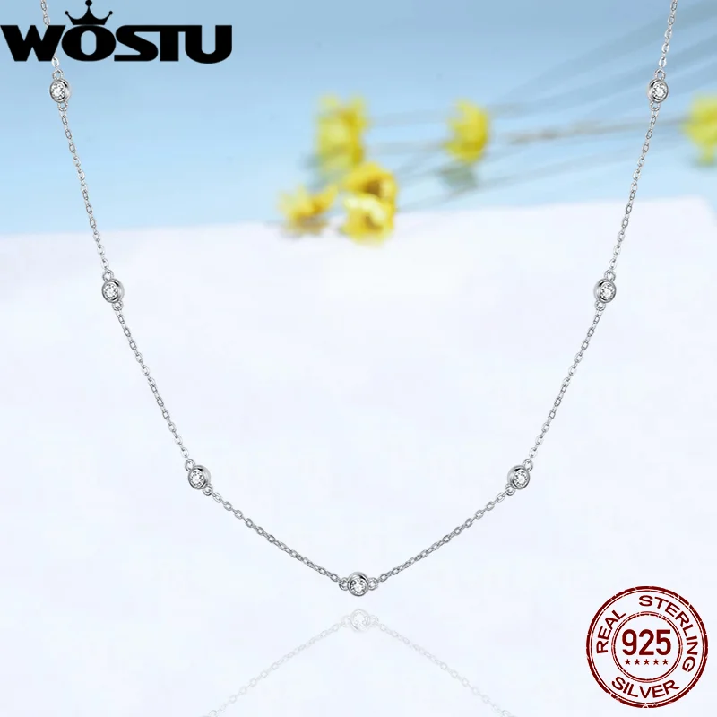 WOSTU Genuine 925 Sterling Silver Bright Zircon Simple Necklace Long Chain Link For Women Wedding Exquisite Jewelry Gift FIN393